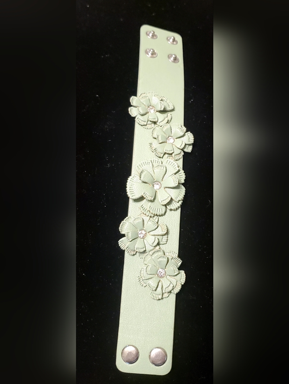 Source Unknown Mint Green Floral Leather Bracelet with Rhinestones